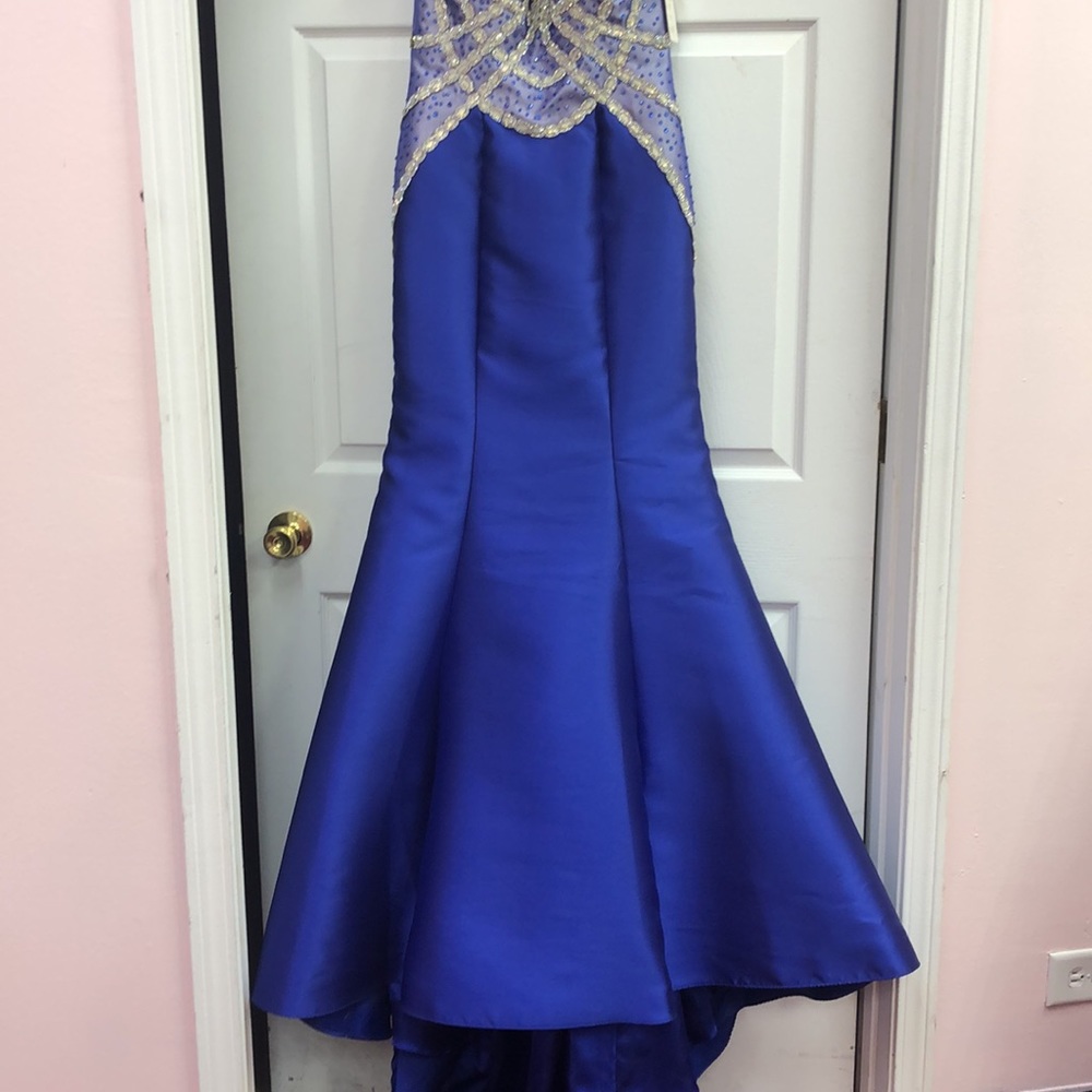 NET BLUE SATIN MERMAID DRESS - Picture 2 of 7